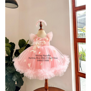 Váy CC hoa rơi tùng xù Đầm Công Chúa Cho Bé Gái Cao Cấp tặng Kèm Cài Đầu Cute