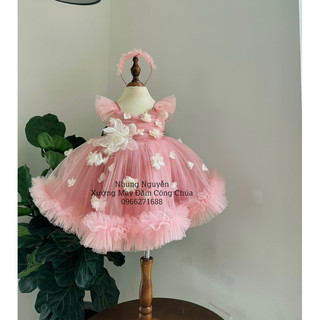 Váy CC hoa rơi tùng xù Đầm Công Chúa Cho Bé Gái Cao Cấp tặng Kèm Cài Đầu Cute