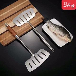 Xẻng lật cá - thìa rán cá inox 304 cán gỗ - cán inox