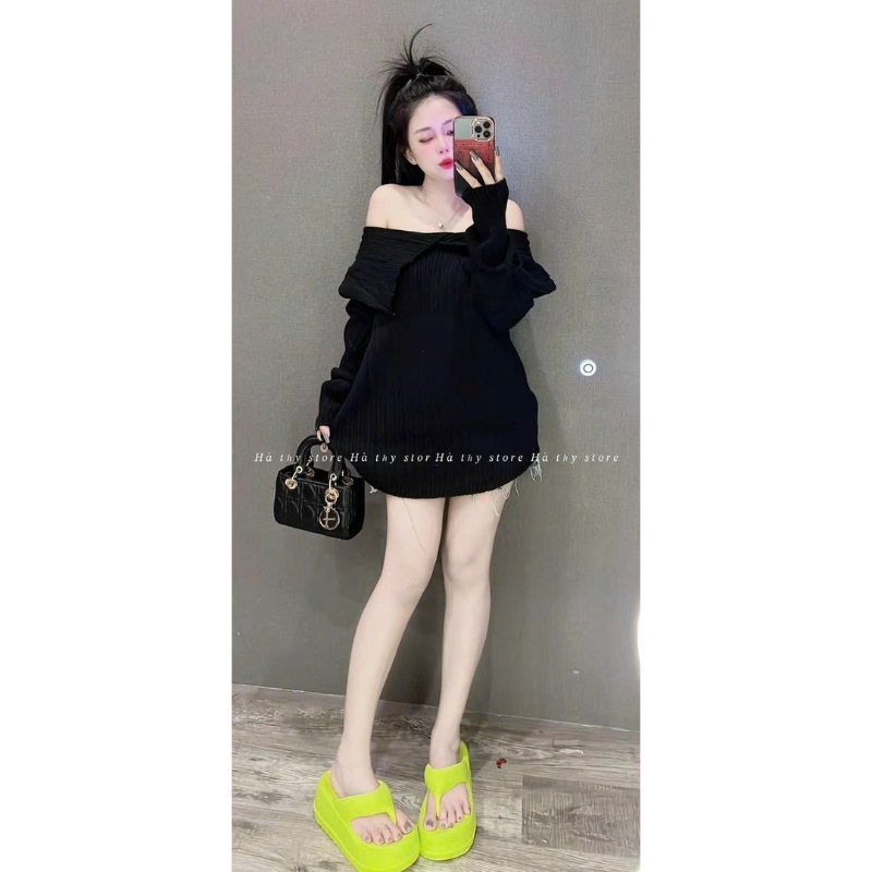 Áo Len Mùa-Áo Kiểu Nữ Trễ Vai Cổ Xẻ Kiểu Dáng Basic Trơn Chất Vải Len Cotton Dày Không Đổ Lông