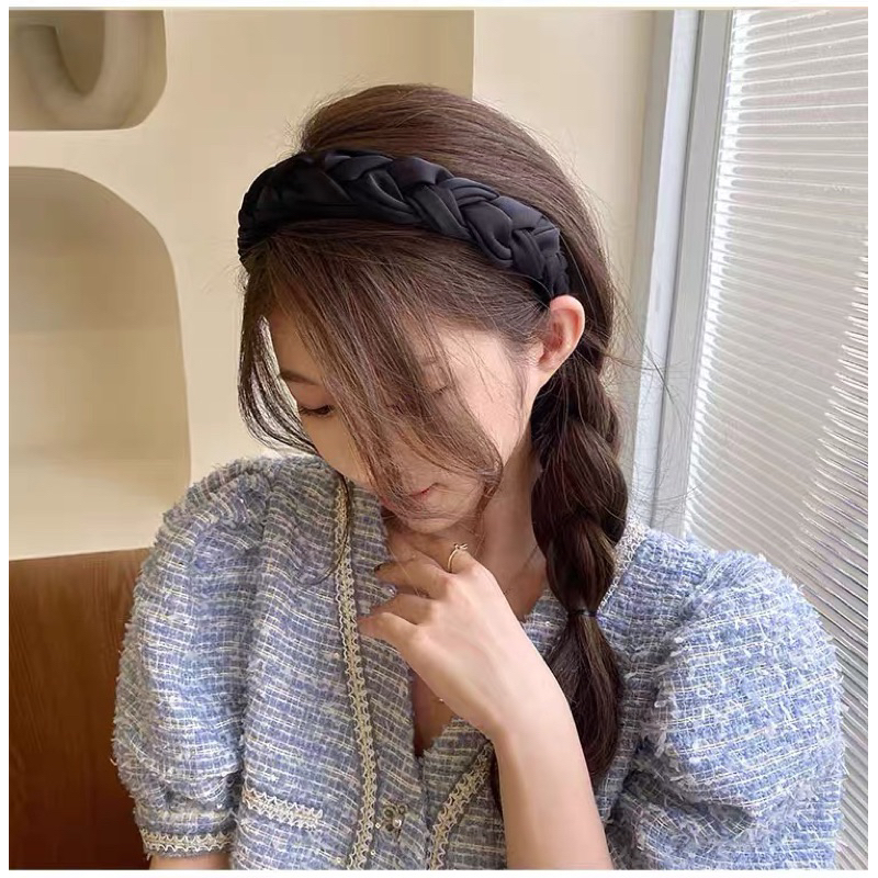 Bờm tóc tết vải lụa satin băng đô thắt bím bản to dịu dàng B1