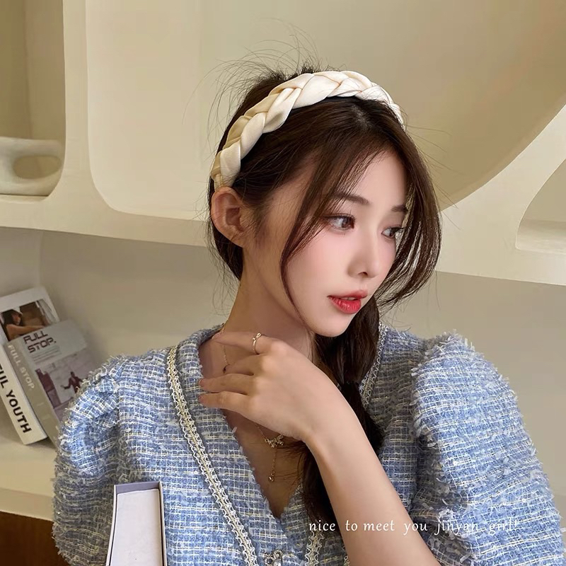 Bờm tóc tết vải lụa satin băng đô thắt bím bản to dịu dàng B1