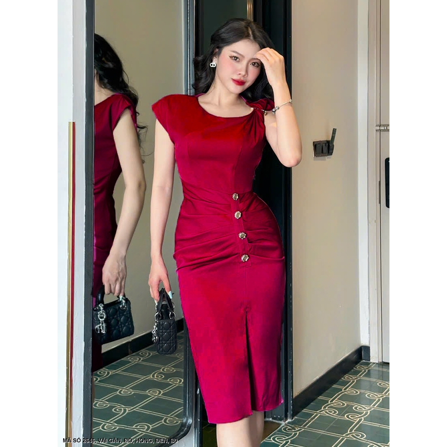 ĐẦM ÔM VAI CHÉO ĐÍNH 4 NÚT EO - DDD2646