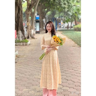 Áo dài gấm Liên Hoa be