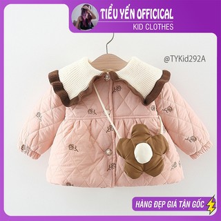 Quần áo trẻ em, Áo khoác phao bé gái, lót lông dày ấm phối cổ len kèm túi hoa cho bé 8 -16kg AK292 Tiểu Yến KID