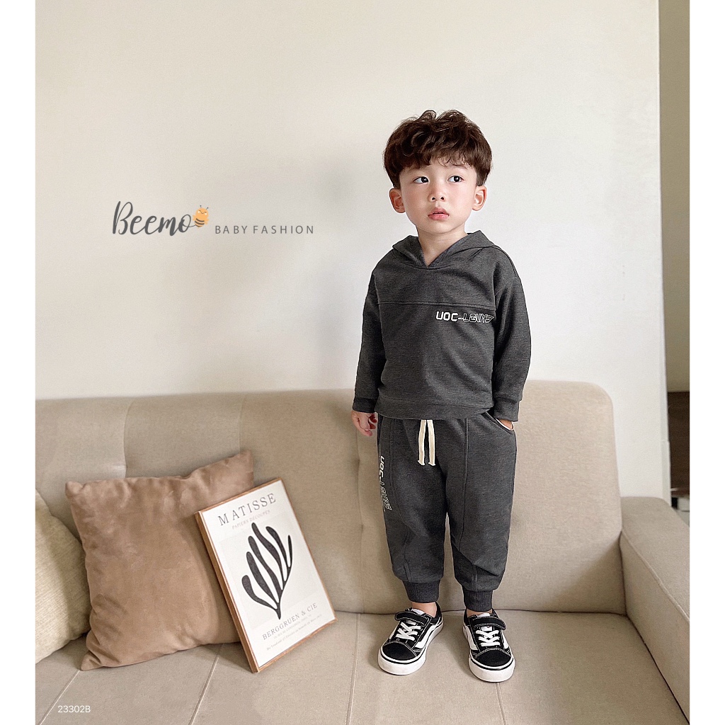 Bộ quần áo Hoodie in chữ cho bé trai Beemo,Chất liệu nỉ da cá mềm mại, giữ ấm tốt,Thiết kế áo nỉ có mũ, quần bo gấu B385