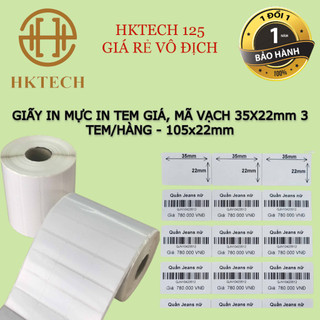 Giấy in tem mực khổ 35x22 mm 3 tem/hàng, 105x22mm, cuộn 50m, giấy in 3 tem máy in mực godex, zebra,...dùng cuộn mực