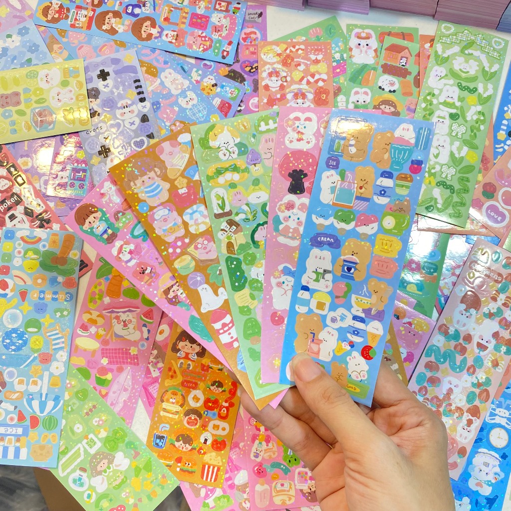 Mua 200 tấm tặng 1 cuộn 500 tem cảm ơn - Set 100 tấm sticker lấp lánh dài 13x4,5cm dùng để trang trí top nhiều mẫu xinh