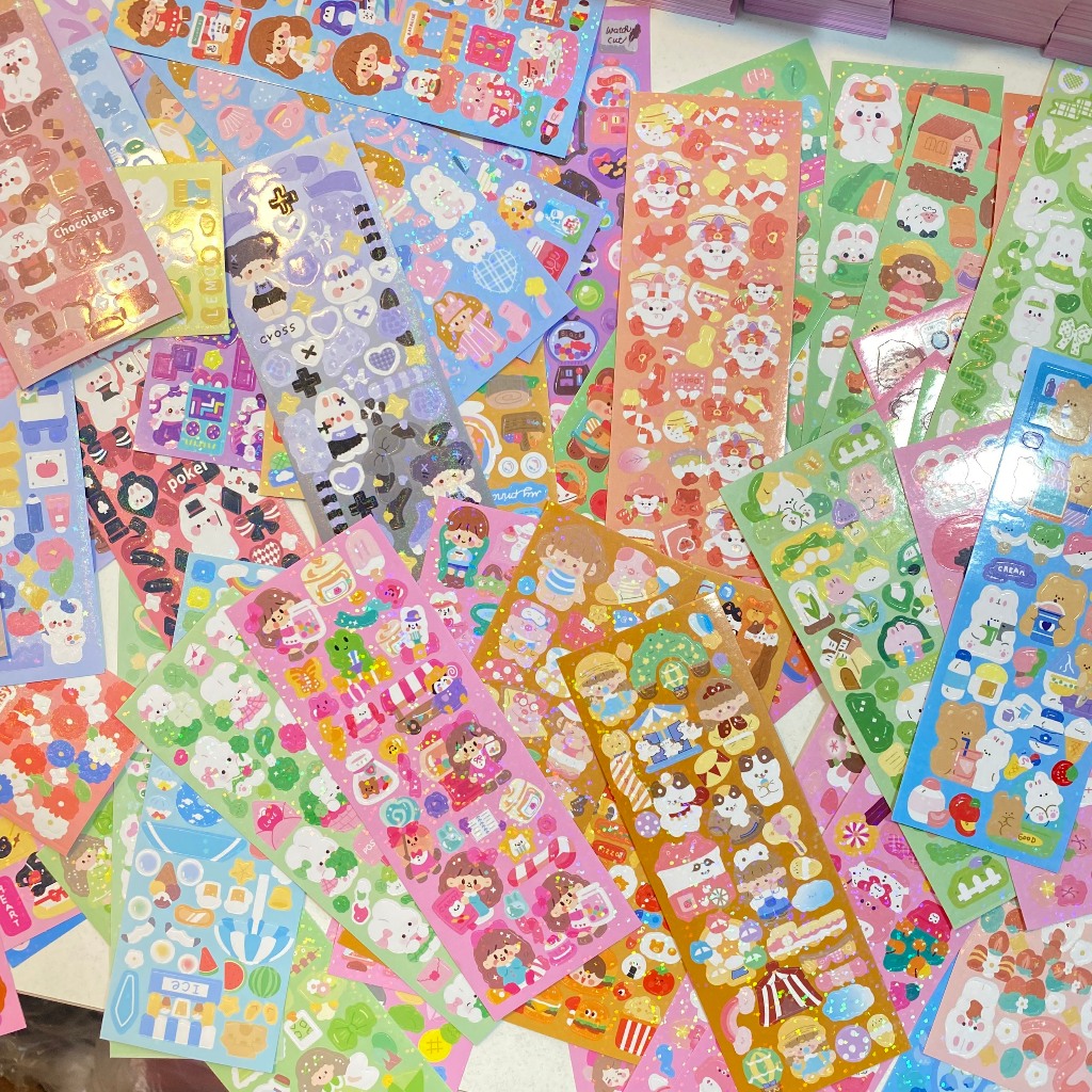 Mua 200 tấm tặng 1 cuộn 500 tem cảm ơn - Set 100 tấm sticker lấp lánh dài 13x4,5cm dùng để trang trí top nhiều mẫu xinh