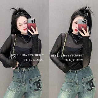 Áo thun nhung đính ngọc phối lưới