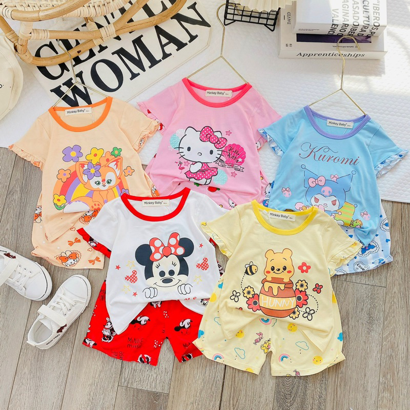 Bộ cộc tay bé gái thun lạnh hình in không bong tróc cho bé mặc ngủ đi chơi đi học size 90-150