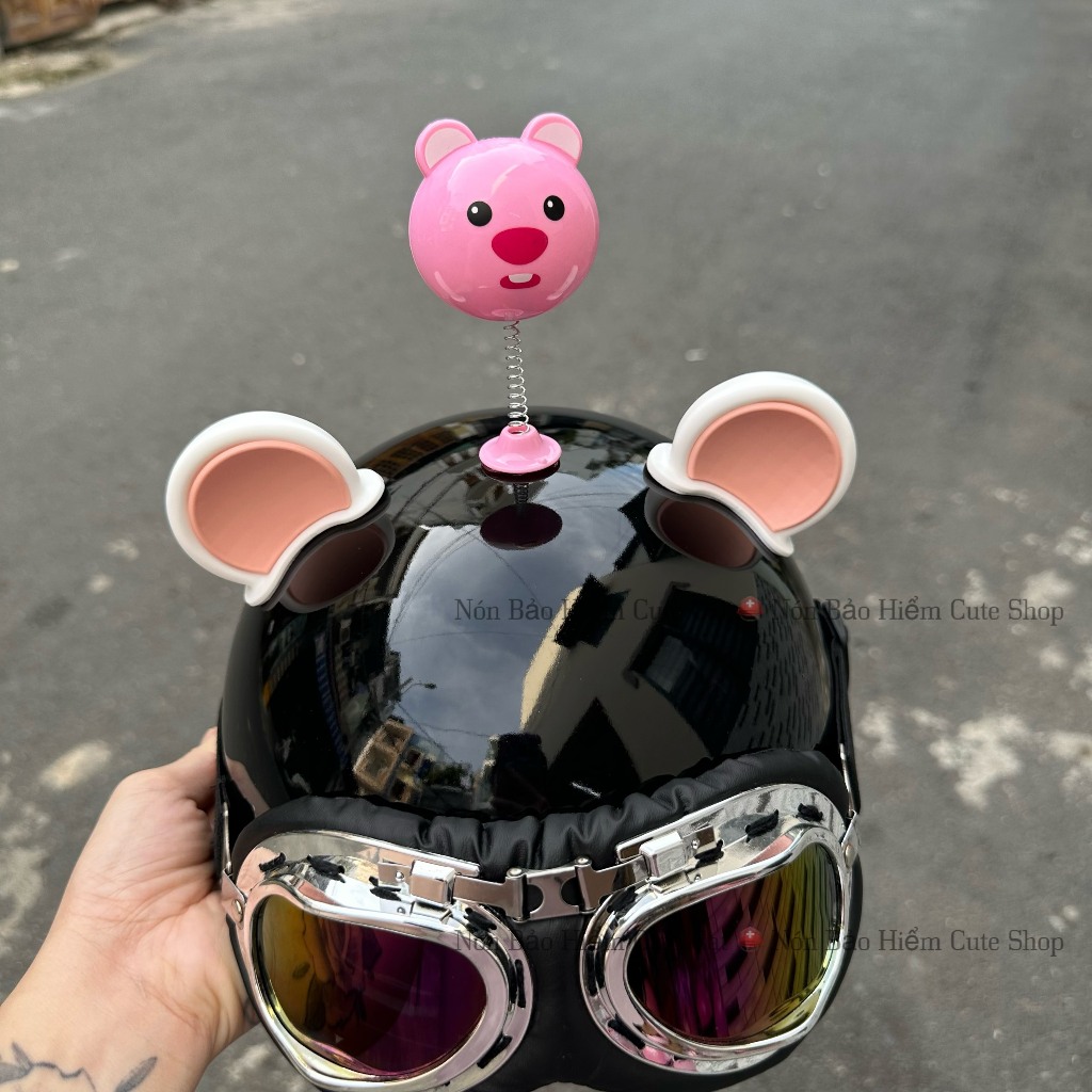 Nón Bảo Hiểm Nửa Đầu Kính Phi Công Kèm Tai 2 Màu Và Hoa Gấu Loopy Dễ Thương NÓN BẢO HIỂM CUTE SHOP