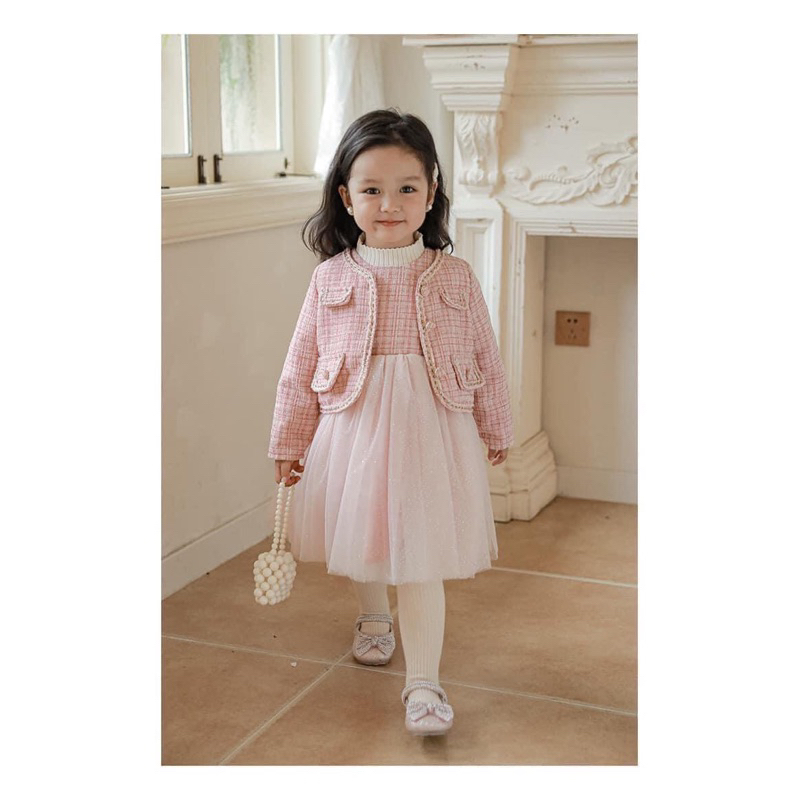 10-30kg set 2ct váy dạ phối voan mix áo khoác dạ hồng, váy dạ cho bé gái