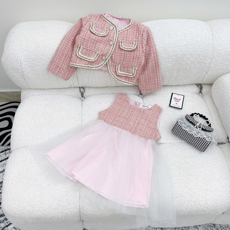 10-30kg set 2ct váy dạ phối voan mix áo khoác dạ hồng, váy dạ cho bé gái