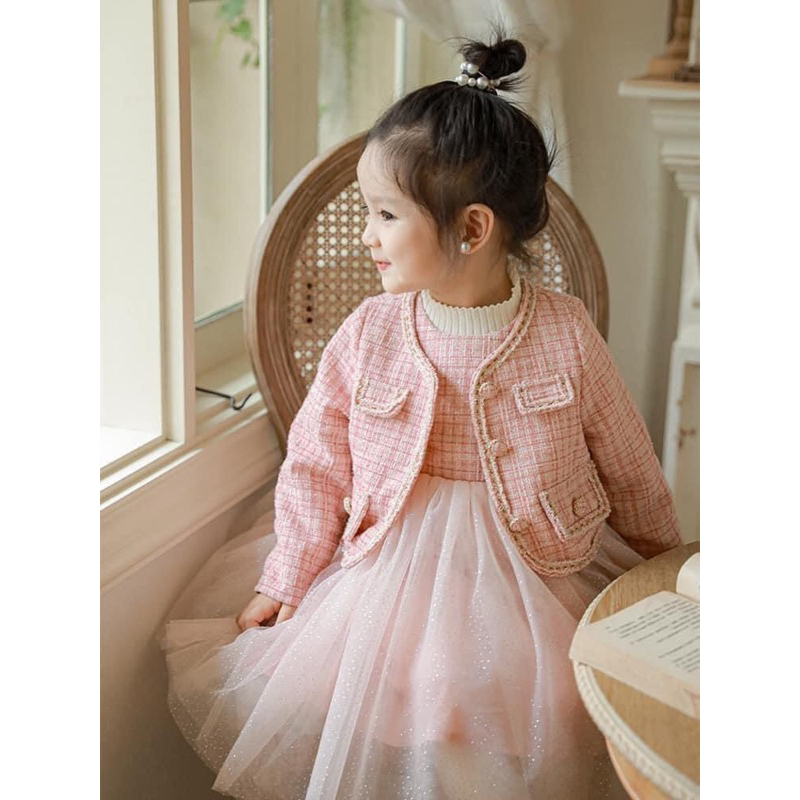10-30kg set 2ct váy dạ phối voan mix áo khoác dạ hồng, váy dạ cho bé gái