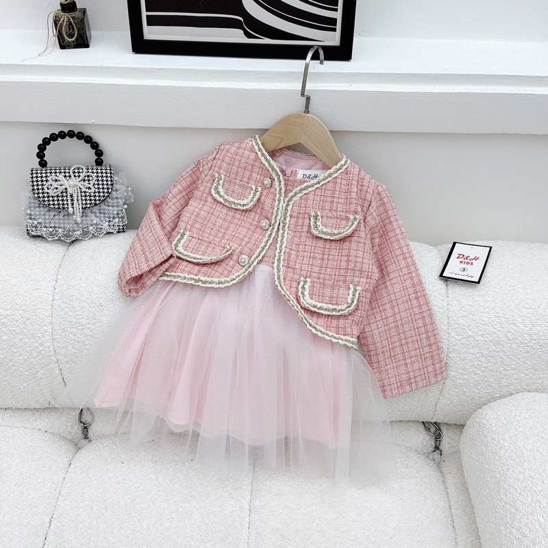 10-30kg set 2ct váy dạ phối voan mix áo khoác dạ hồng, váy dạ cho bé gái
