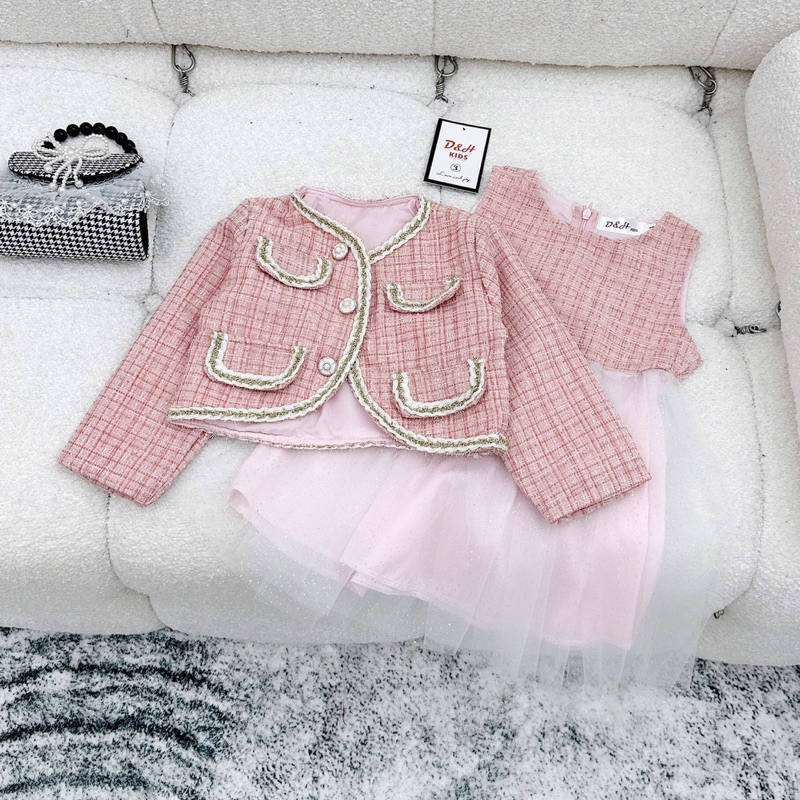 10-30kg set 2ct váy dạ phối voan mix áo khoác dạ hồng, váy dạ cho bé gái