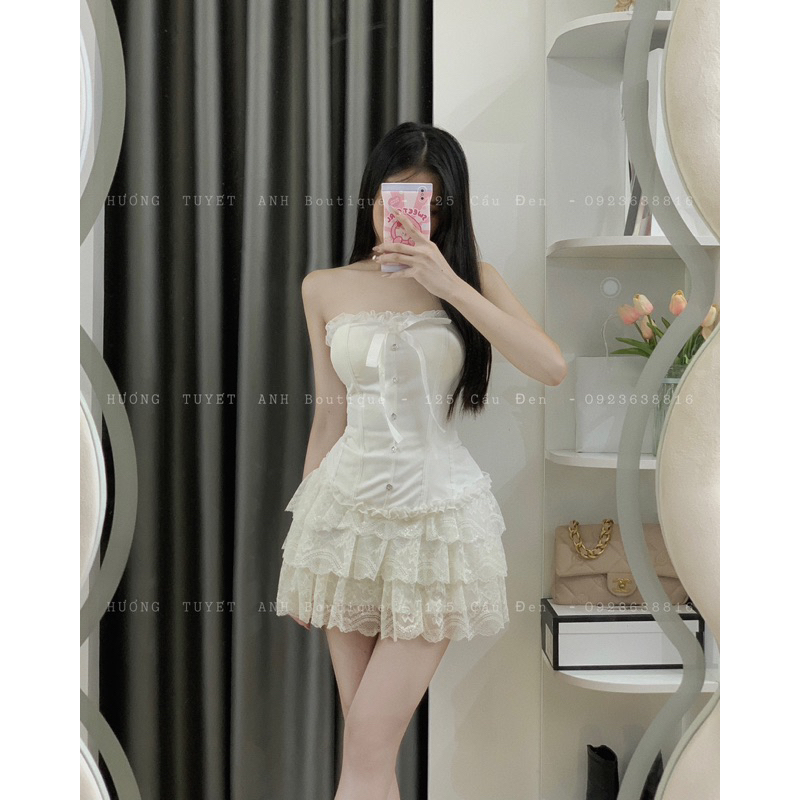 Set áo cúp ngực bèo đan dây lưng chân váy ren tầng
