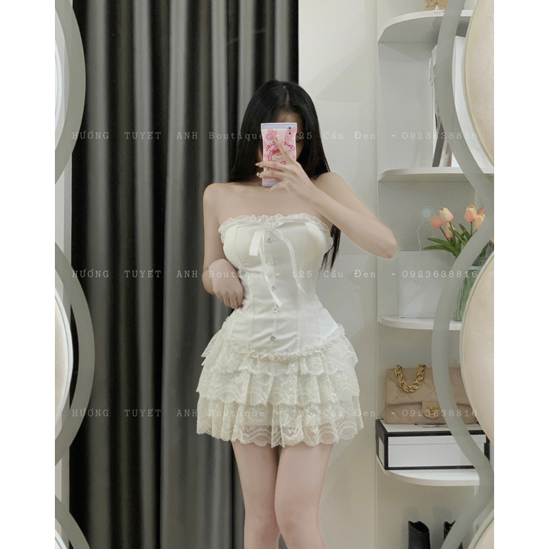 Set áo cúp ngực bèo đan dây lưng chân váy ren tầng