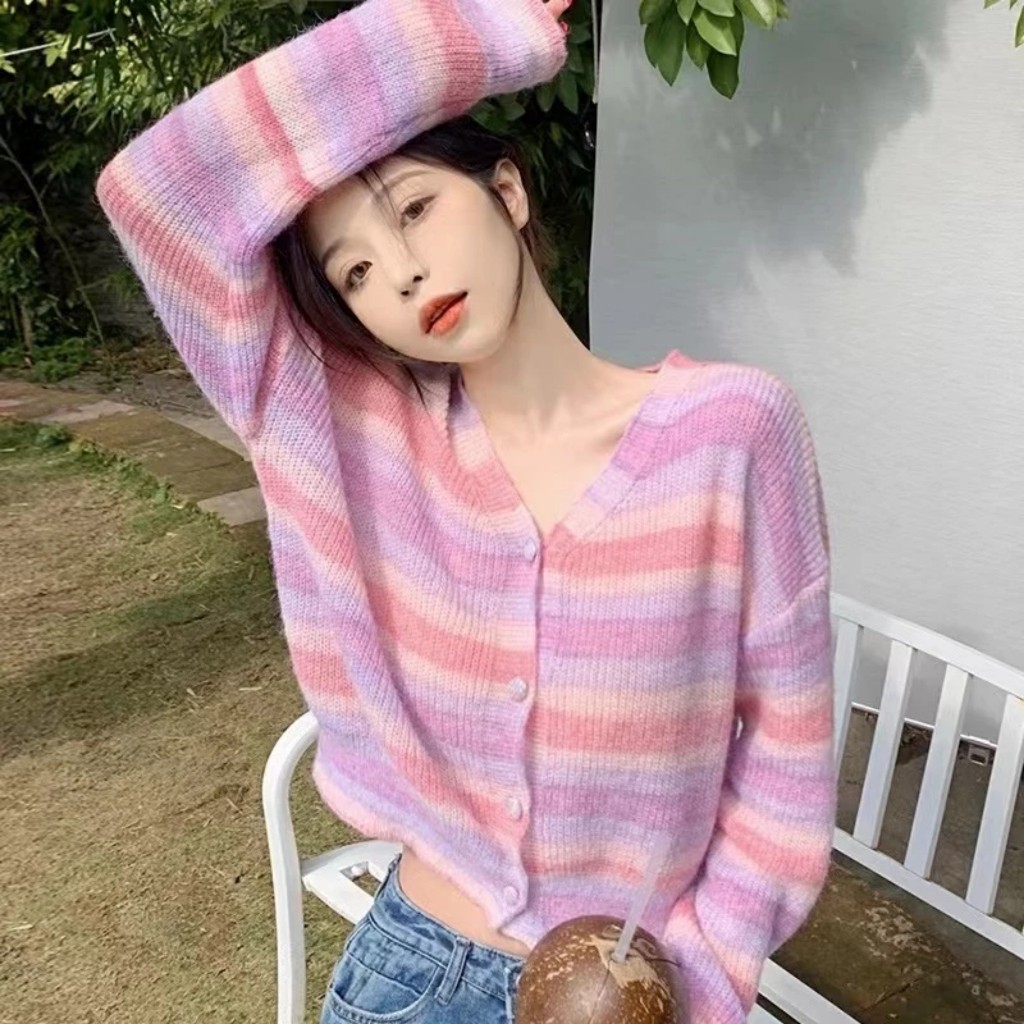 Áo khoác len dệt kim cardigan dài tay cổ tim kẻ hồng thời trang Hàn Quốc Sisters_shop