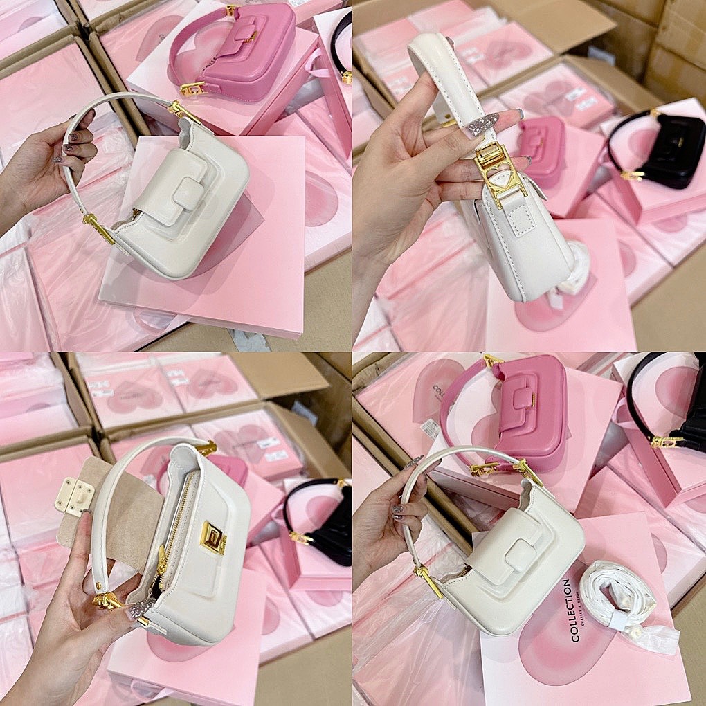 Túi xách nữ túi cn.k hồng phiên bản hộp quà size 20 khoá vuông kèm dây đeo chéo sang chảnh fullbox - lucky9store