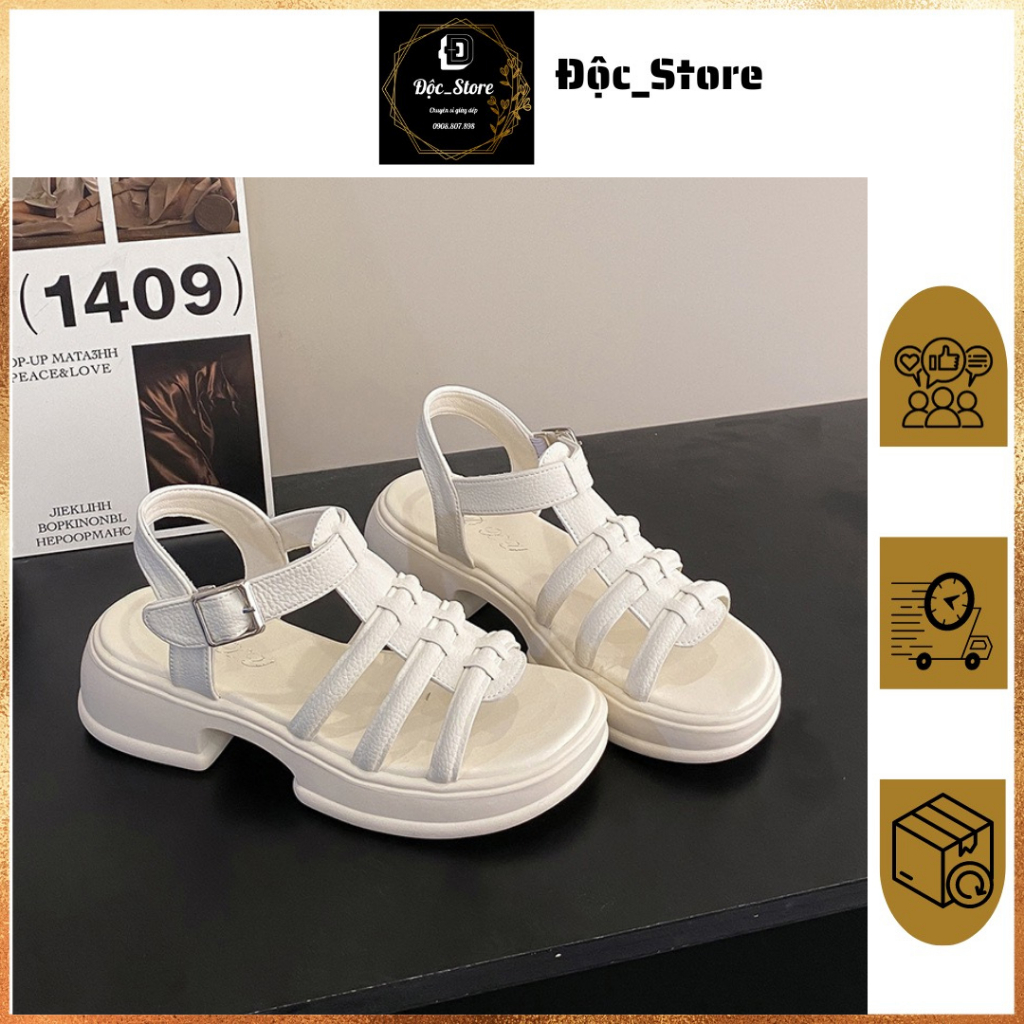 Giày sandal nữ chiến binh đế 5 cm chất da sần mêm kiểu dáng Hàn 2 màu đen/trắng kem
