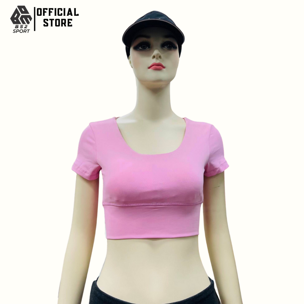 Áo croptop hở lưng tập gym yoga tay ngắn kiểu ôm body có mút