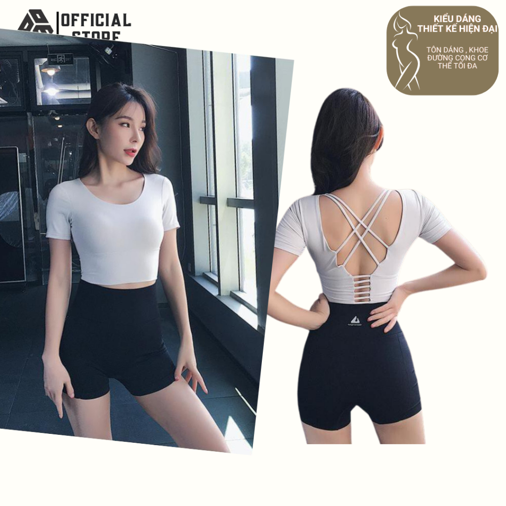 Áo croptop hở lưng tập gym yoga tay ngắn kiểu ôm body có mút