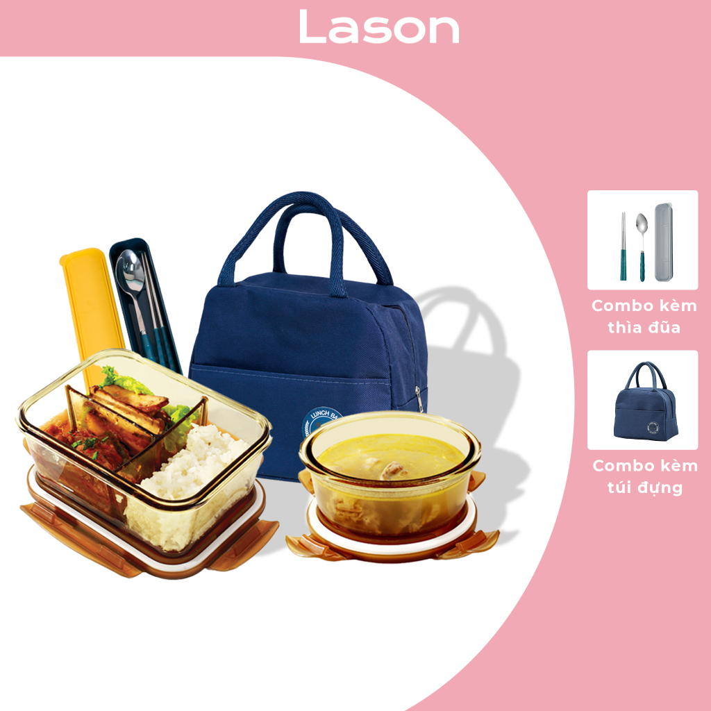 Hộp cơm thủy tinh Lason Hổ Phách 960ml, hộp chia 3 ngăn đựng thức ăn, sử dụng trong lò vi sóng HC-TT03
