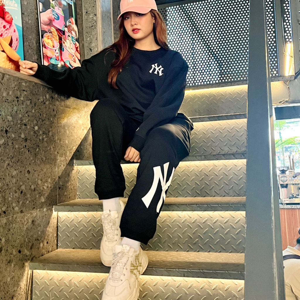 Sweater NewEra x MLB logo NY in trước sau, nỉ da cá, unisex