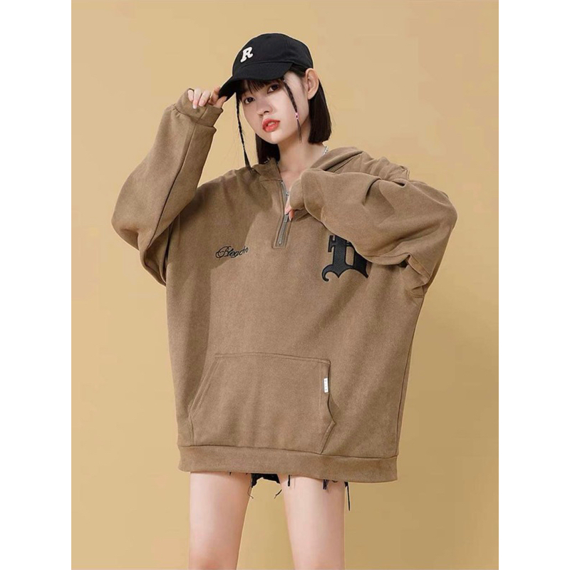 Áo hoodie R thêu phối da . Áo  nỉ bông form rộng tay bồng unisex