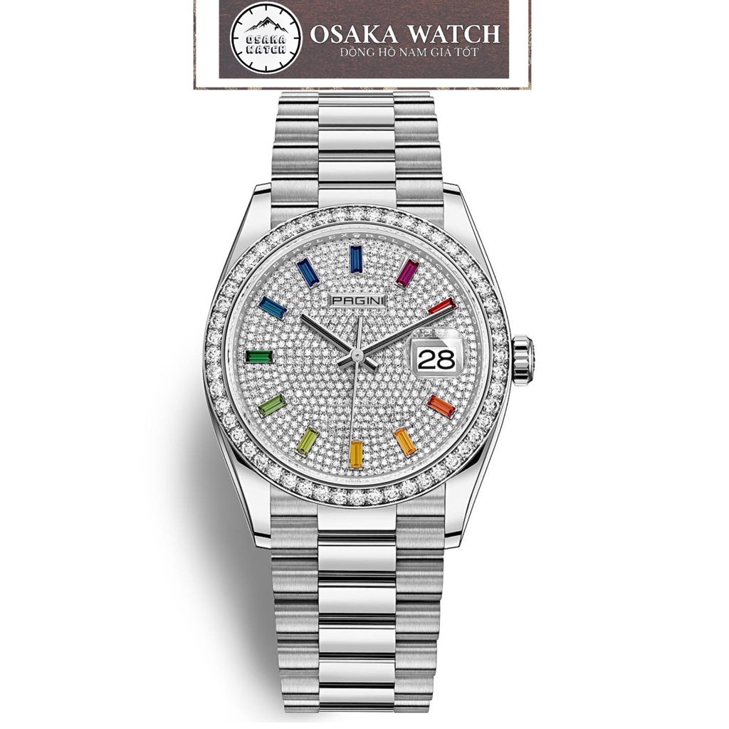 Đồng Hồ Nam PAGINI Datejust Diamonds Rainbow PA8855 Đính Đá Lịch Ngày Dây Thép Không Gỉ Đúc Fullbox Chính Hãng