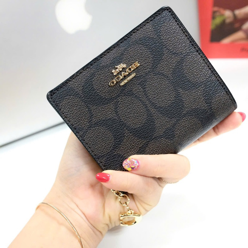Ví vuông gấp mini Coach da thật pha canvas, siêu cute