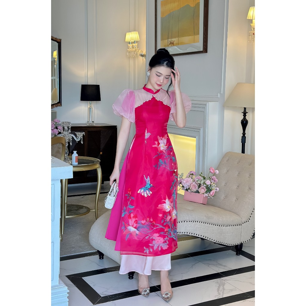 Áo cách tân mẹ bé 🔥SALE SỐC🔥 màu hồng sen nữ tính chất liệu organza tà lót lụa đính hoa- Áo Dài Cho Bé Baby Store- ADB25