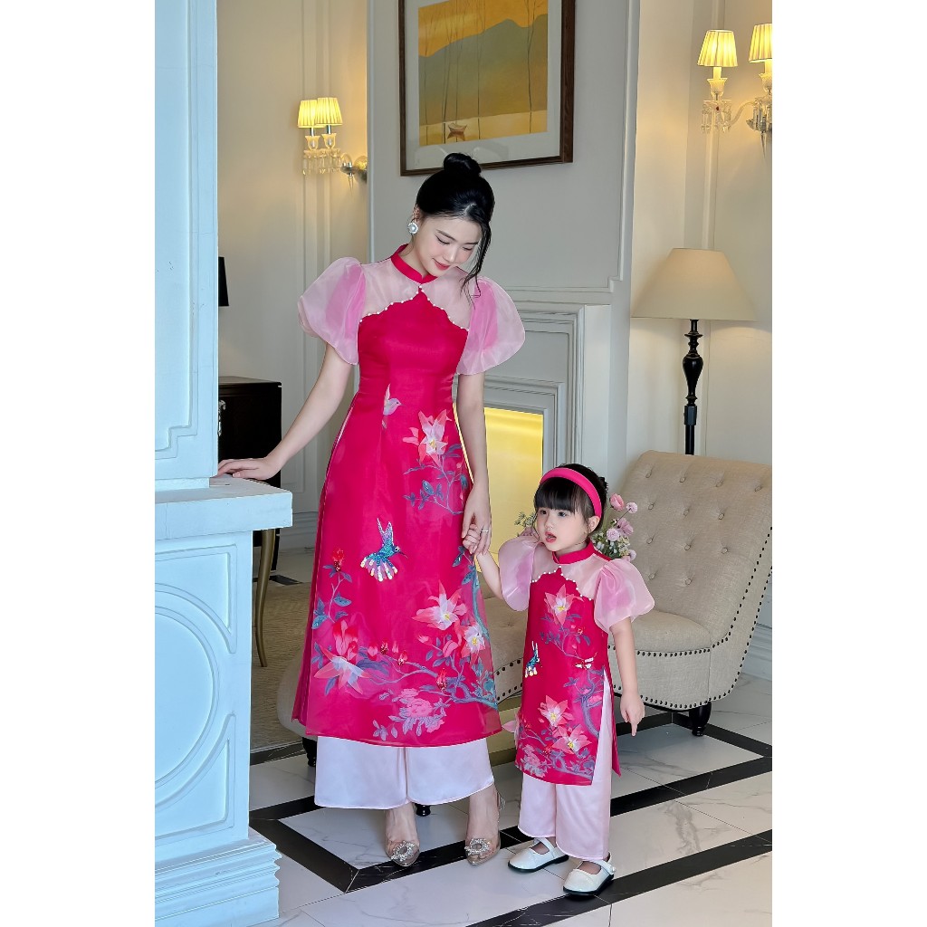 Áo cách tân mẹ bé 🔥SALE SỐC🔥 màu hồng sen nữ tính chất liệu organza tà lót lụa đính hoa- Áo Dài Cho Bé Baby Store- ADB25