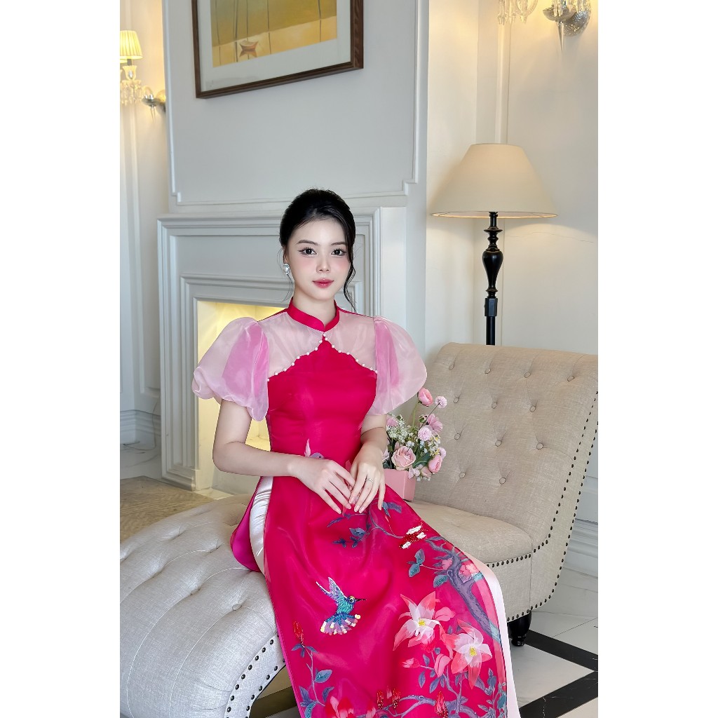 Áo cách tân mẹ bé 🔥SALE SỐC🔥 màu hồng sen nữ tính chất liệu organza tà lót lụa đính hoa- Áo Dài Cho Bé Baby Store- ADB25