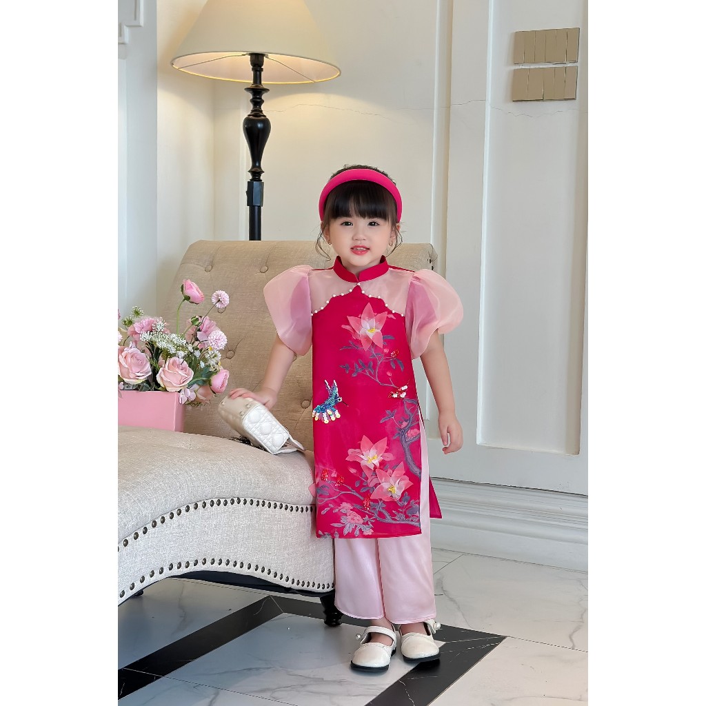Áo cách tân mẹ bé 🔥SALE SỐC🔥 màu hồng sen nữ tính chất liệu organza tà lót lụa đính hoa- Áo Dài Cho Bé Baby Store- ADB25