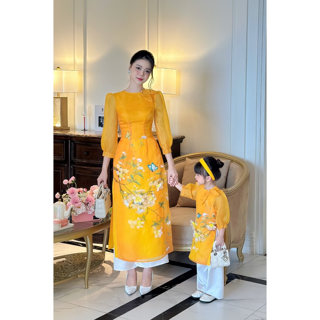 Áo dài cặp mẹ bé 🔥SALE SỐC🔥 chất liệu organza cao cấp đính kết hoa, nơ điệu đà - Áo Dài Cho Bé Baby Store -  ADB27