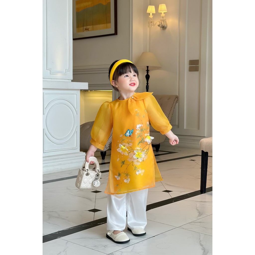 Áo dài cặp mẹ bé 🔥SALE SỐC🔥 chất liệu organza cao cấp đính kết hoa, nơ điệu đà - Áo Dài Cho Bé Baby Store -  ADB27