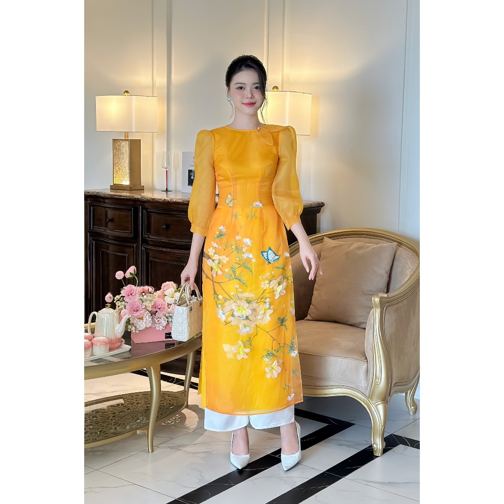 Áo dài cặp mẹ bé 🔥SALE SỐC🔥 chất liệu organza cao cấp đính kết hoa, nơ điệu đà - Áo Dài Cho Bé Baby Store -  ADB27