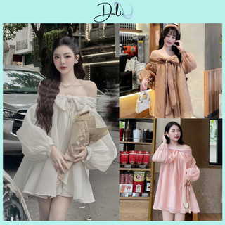 Đầm Babydoll Trễ Vai Tay Bồng Nơ Ngực Chất Voan Mềm, Váy Dự Tiệc Sang Chảnh