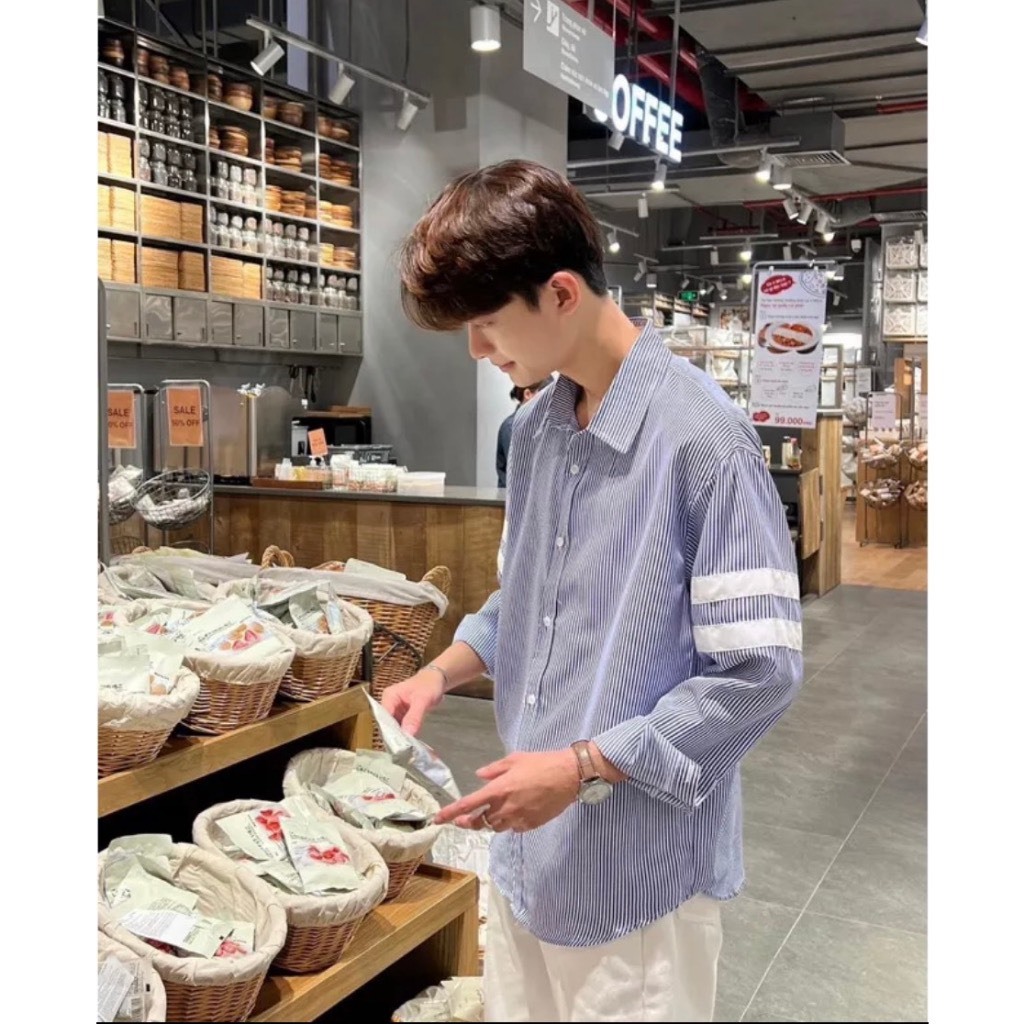 Áo Sơ Mi Nam Tay Dài Họa Tiết Kẻ Ngang Cánh Tay Trẻ Trung