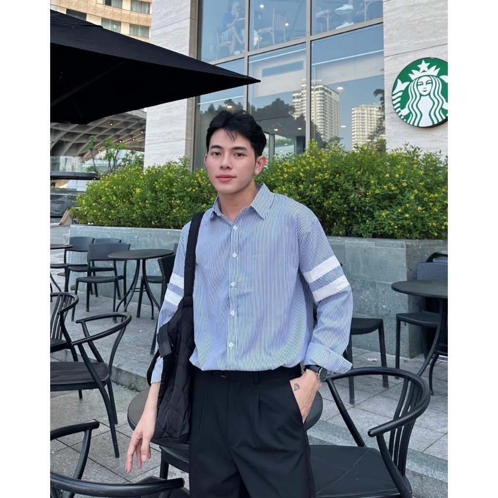 Áo Sơ Mi Nam Tay Dài Họa Tiết Kẻ Ngang Cánh Tay Trẻ Trung