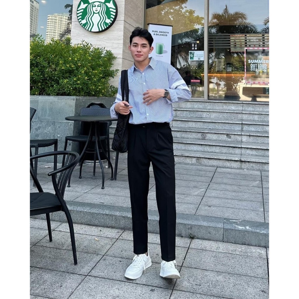 Áo Sơ Mi Nam Tay Dài Họa Tiết Kẻ Ngang Cánh Tay Trẻ Trung