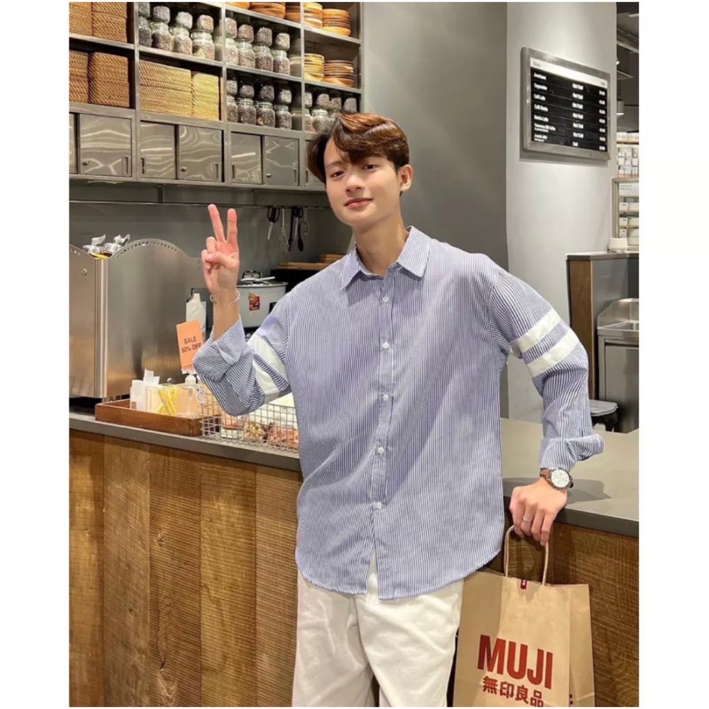 Áo Sơ Mi Nam Tay Dài Họa Tiết Kẻ Ngang Cánh Tay Trẻ Trung