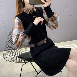 Happy-store ❤️ 2023 bộ đồ thời trang thu đông đầm dệt kim mid-length eo áo len váy kẻ sọc áo len vest bộ hai mảnh