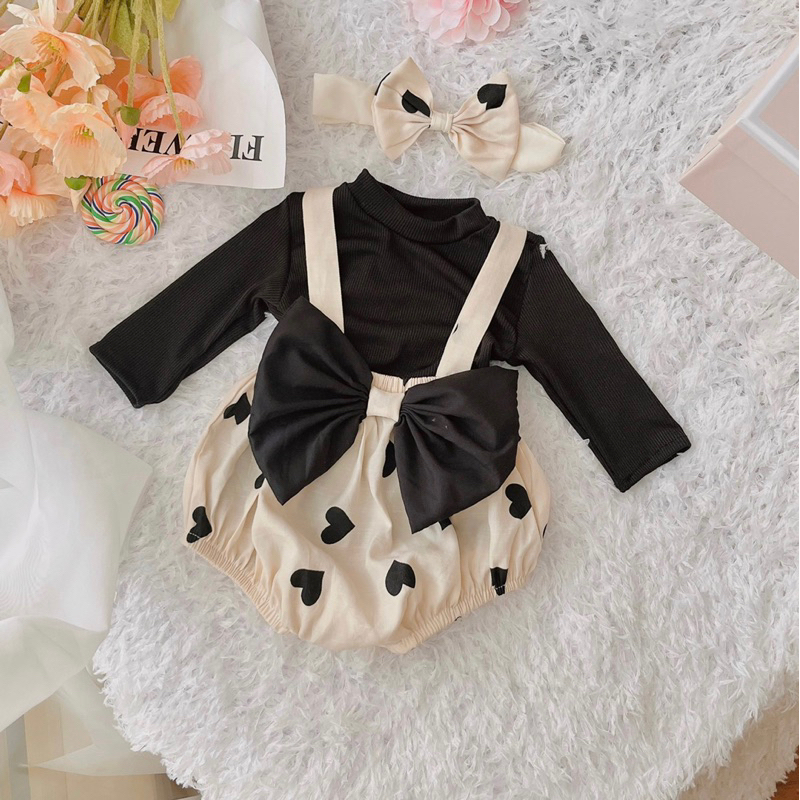 (Kèm turban) Set áo yếm body chip dài tay cho bé gái từ sơ sinh (4-11kg) chất thun tăm lạnh + yếm đũi lụa