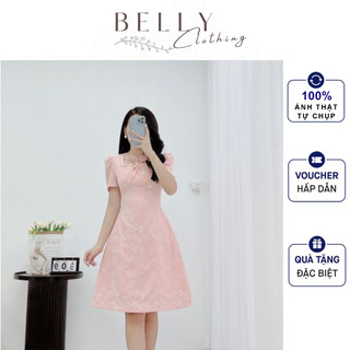 Váy Gấm Hồng Pastel Hoa Nổi BELLY CLOTHING, Váy M41 Thiết Kế 2 Lớp, Chất Gấm Hoa, Gam Màu Hồng Cam, Cổ Vuông