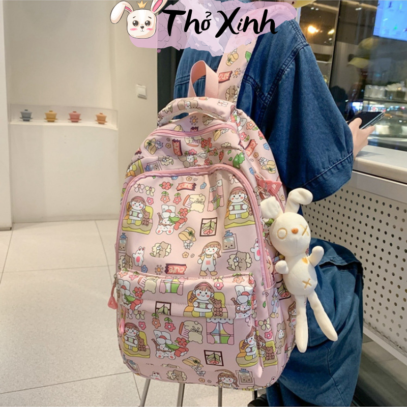 Balo nữ sinh cấp 2 cấp 3 xinh xắn duyên dáng hoạ tiết hoạt hình thời trang phong cách ulzzang nhiều ngăn chồng thấm TX09