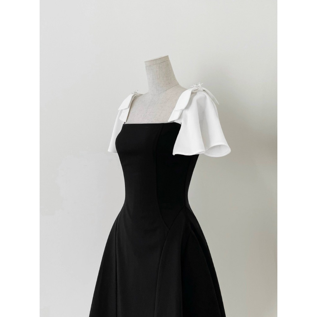 Đầm thiết kế dự tiệc đen phối tay trắng luca dress